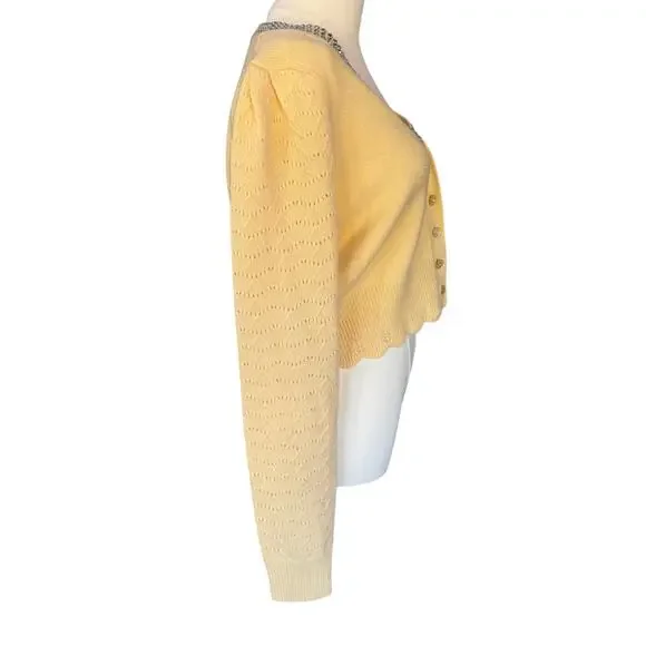 LoveShackFancy Brynner Wool Cashmere Cropped Cardigan Sweater Yellow Medium - Picture 7 of 12